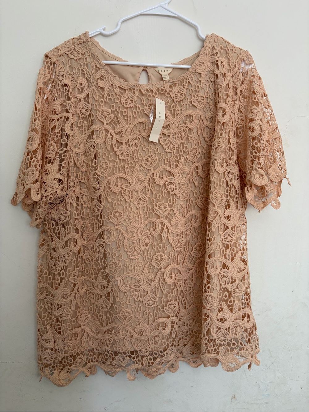 Adiva Lace Crochet Eyelet Floral Short Sleeve Nude Cream Beige Top Romantic Boho